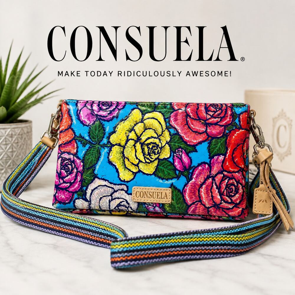 Consuela Uptown Crossbody Bag Floral Roses Multicolor Woven Strap Wristlet
